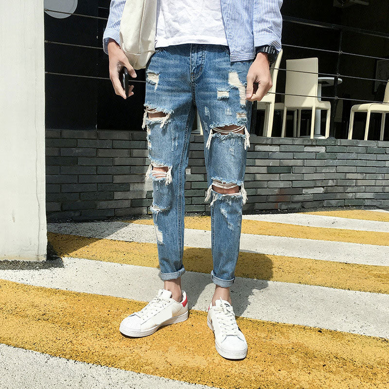 maoxiangshop New Skinny Jeans Men Streetwear Destroyed Ripped Jeans Homme Hip Hop Broken Modis Male Pencil Biker Embroidery Patch Pants