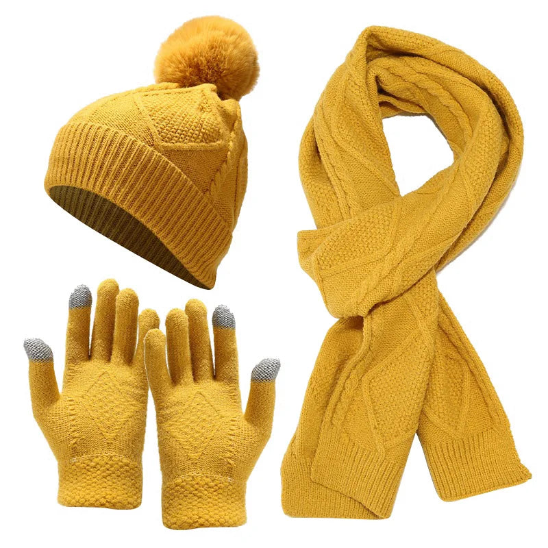 maoxiangshop - 3 PCS Hat Glove Scarf Sets Winter Warm Knitted Touch Screen Gloves Woolen Plush Pom Pom Beanies Thickened Coldproof Scarves Suit