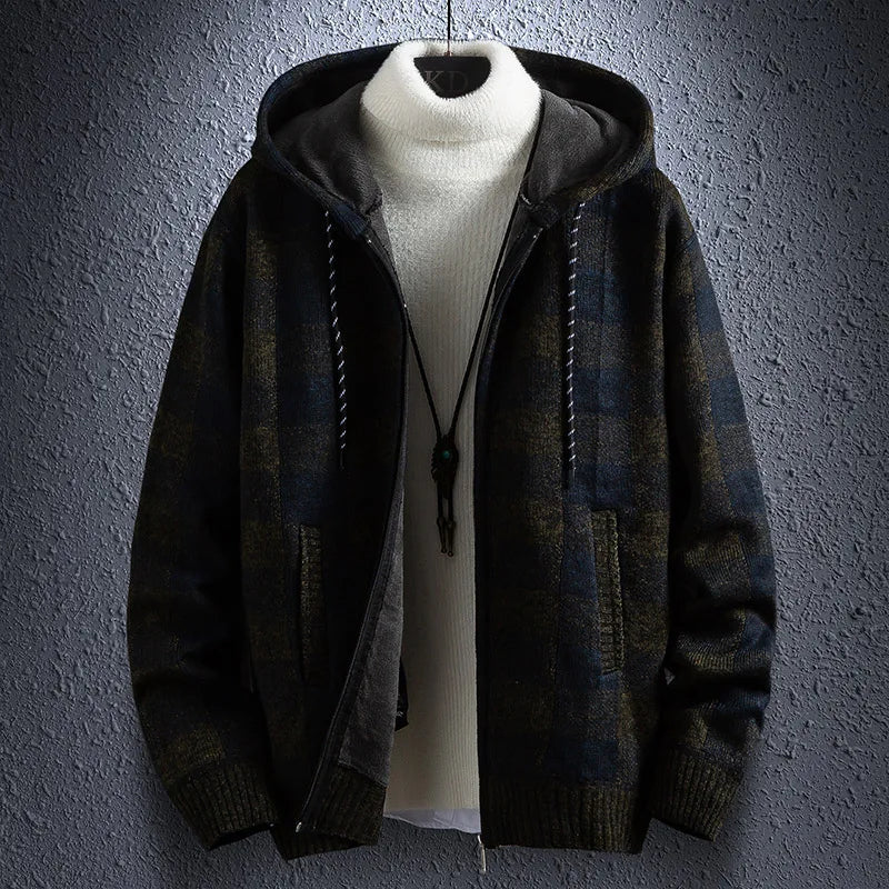 maoxiangshop Winter Thick Cardigan Men's Sweater Zipper Striped Hooded Fashion Warm Slim fit Knitted Sweater Male Fleece Hoodies Coats men