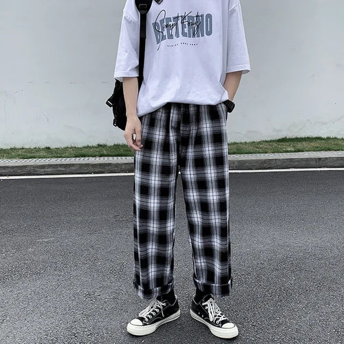 maoxiangshop Men Casual Pants Plaid Ankle Length Loose Wide Leg All-match Elastic Waist Fashion Trousers Streetwear Harajuku Korean Retro Ins