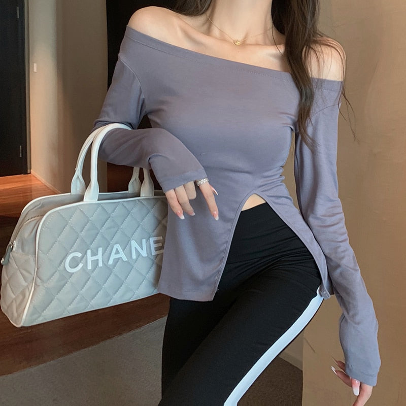maoxiangshop New Women's Slim Off-shoulder Full Sleeve T-shirts Girls Solid Stretchy Irregular Split Tshirt Tops Slash Neck Tees