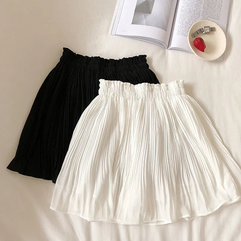 maoxiangshop Solid Chiffon Summer Shorts Skirt Women Fashion Elastic Waist Pleated Mini Skirt Casual Beach Faldas Saias