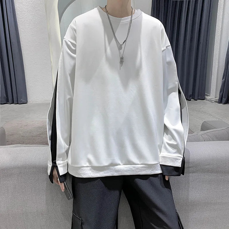 maoxiangshop Autumn Winter Long Sleeve Men T Shirts Clothes Black White Patchwork Fake Two Cool Fashion Tops Oversized Korean Style Side Slit