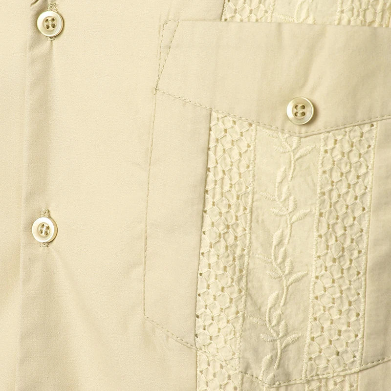 maoxiangshop Men's Traditional Cuban Camp Collar Guayabera Shirt Short Sleeve Embroidered Mexican Caribbean Style Beach Shirt with 4 Pocket