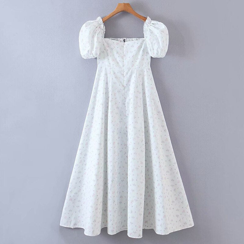 maoxiangshop Sweet Floral Print Holiday Party Long Dress Women Sexy Neck Puff Sleeve Hem Slits Elegant Ladies Dress Summer Robe