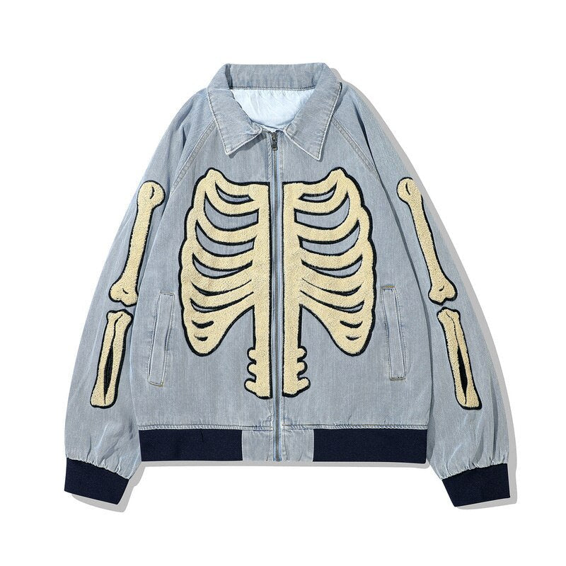maoxiangshop Street Hip Hop Denim Jacket For Men Autumn Bone Embroidery Long Sleeve Zipper Loose Baseball Jackets Men's Denim Jackets