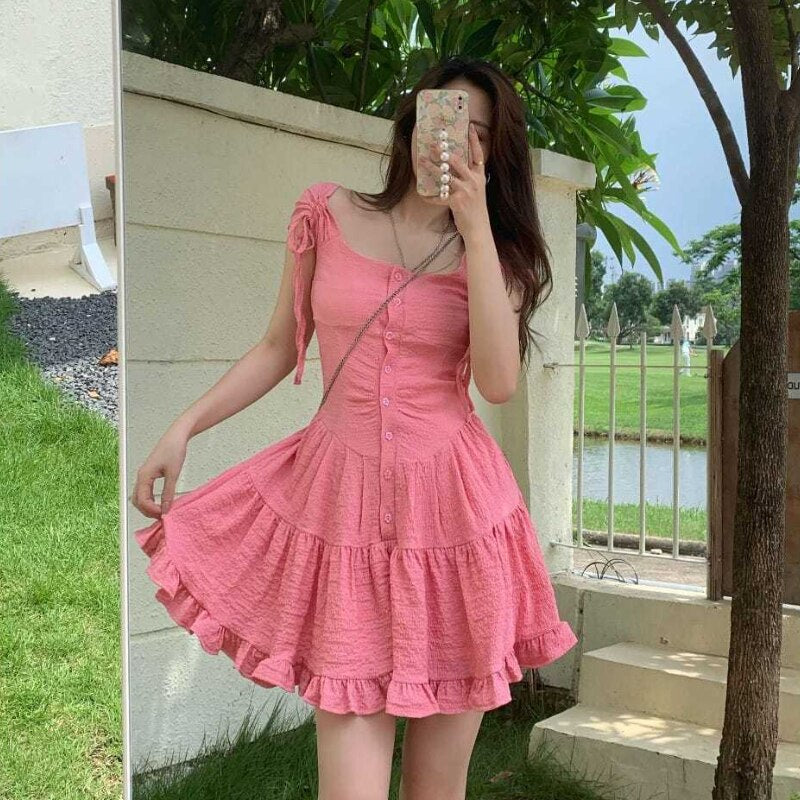 maoxiangshop Japanese Kawaii Princess Dress Women Pink Fairy Ruffles Party Mini Dress Female Summer Korean Puff Sleeve Slim Sweet Dress