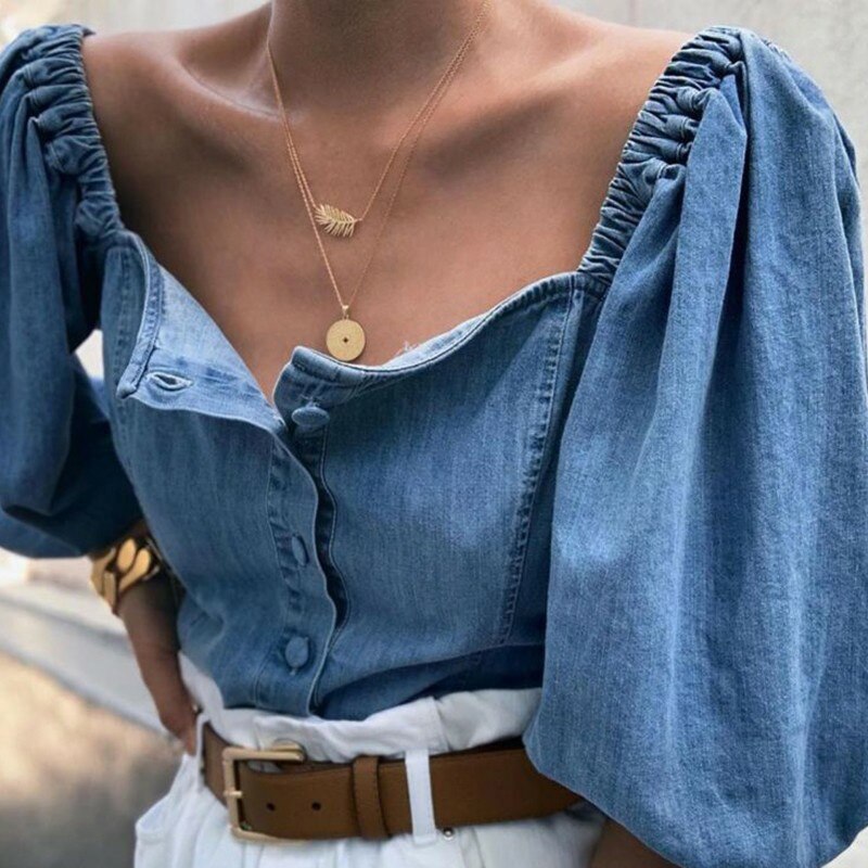 maoxiangshop Off Shoulder Puff Sleeve Women's Shirs Autumn Sexy Single Breasted Female Denim Tops Spring Trend Fashion Ladies Shirts