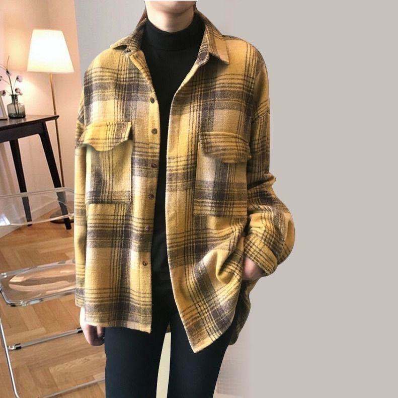 maoxiangshop Female Autumn Street Blouse Shirts Vintage Oversized Plaid Flannel Boyfriend Tunic Shirt for Women Casual Korean Tops