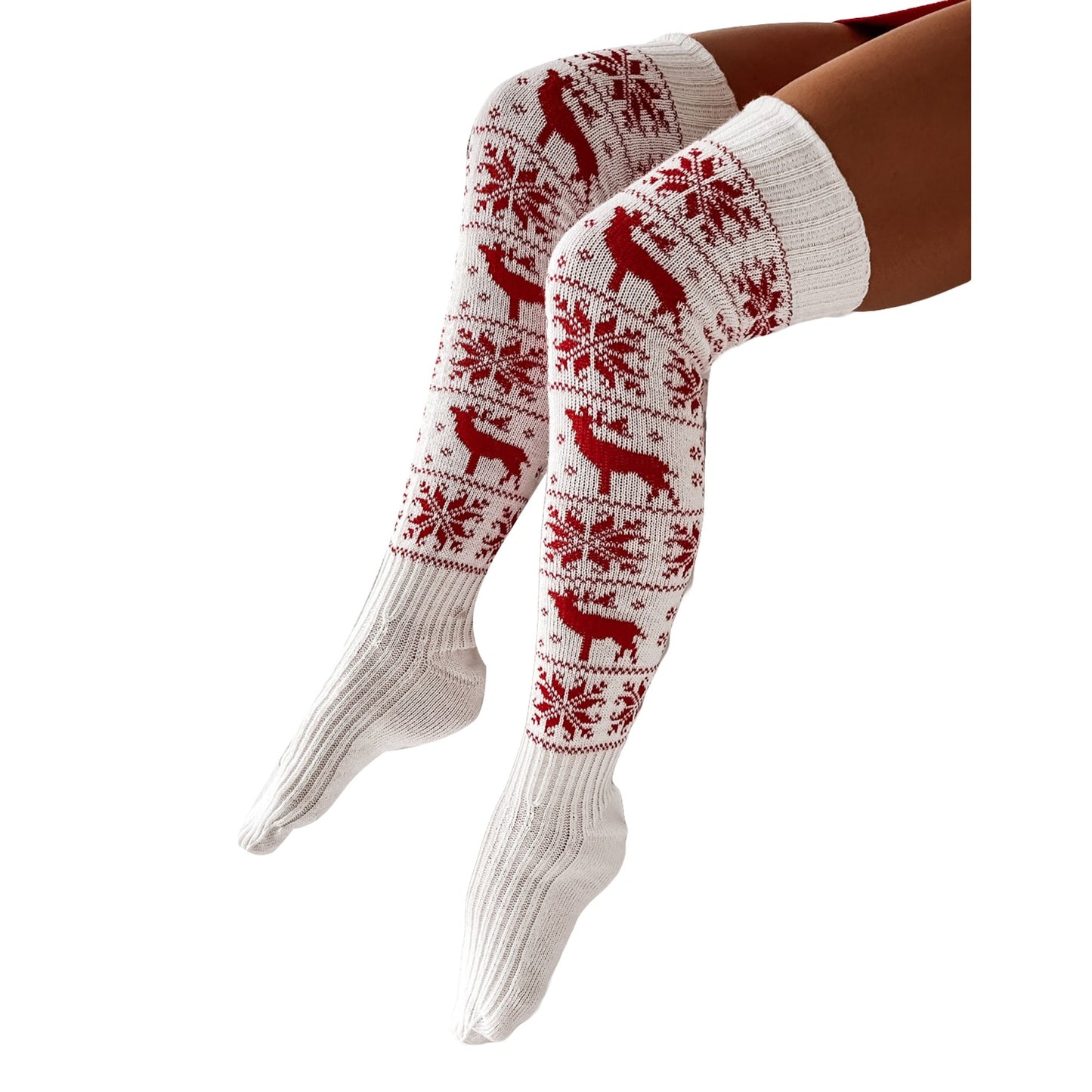 maoxiangshop Christmas Women Knitted Cotton Woolen Stocking Warm Thigh High Over the Knee Cute Deer Printing Socks Twist Cable Crochet