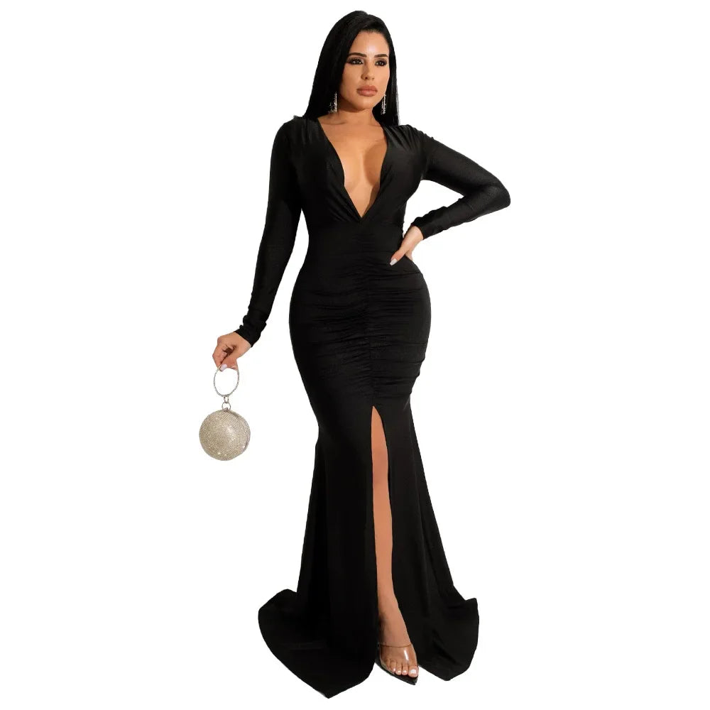 maoxiangshop Dresses for Women Evening Party Dress Long Bodycon Dress Sexy Party Dresses Winter Clothes for Women Long Sleeve V-neck