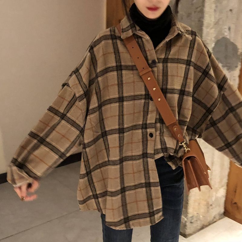 maoxiangshop Female Autumn Street Blouse Shirts Vintage Oversized Plaid Flannel Boyfriend Tunic Shirt for Women Casual Korean Tops