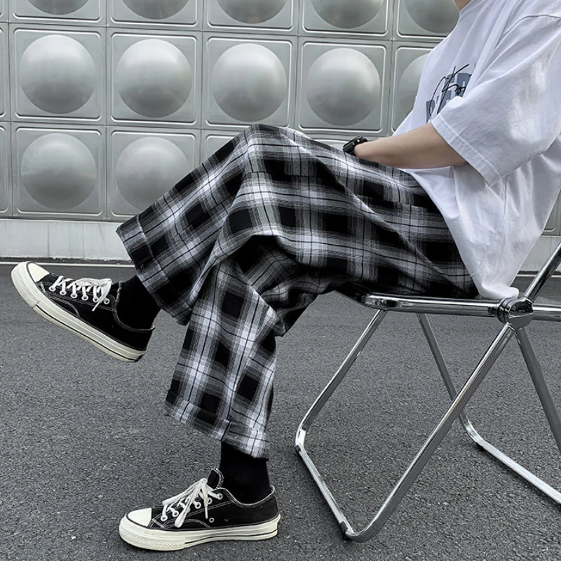 maoxiangshop Men Casual Pants Plaid Ankle Length Loose Wide Leg All-match Elastic Waist Fashion Trousers Streetwear Harajuku Korean Retro Ins