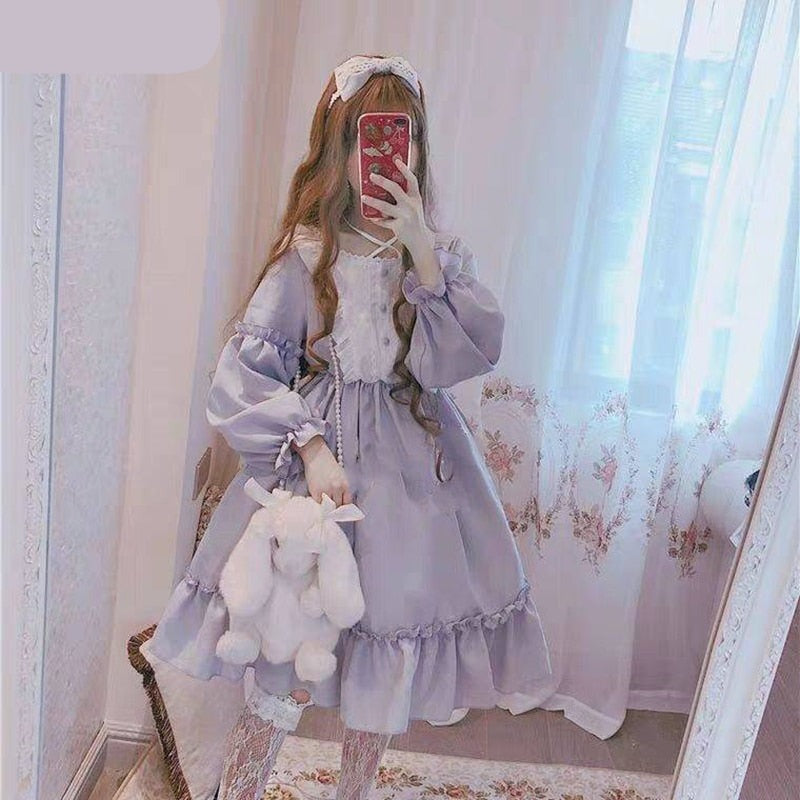 maoxiangshop In Wondeland Cute Women's Lolita OP Dress Flouncing Lace Trim Japanese Harajuku Long Sleeves Doll Dress Fairy Vestidos