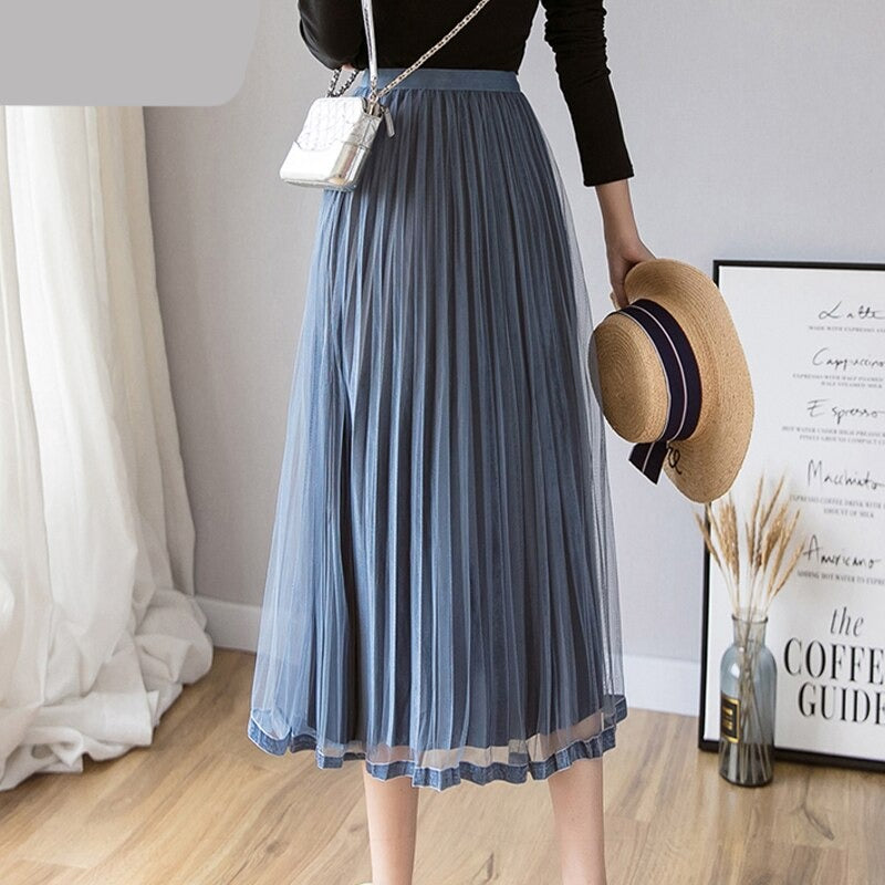 maoxiangshop Mesh Skirt Autumn Winter Velvet Solid Color Elastic Waist Slim Pleated Skirts Womens Chic High Waist Women Skir
