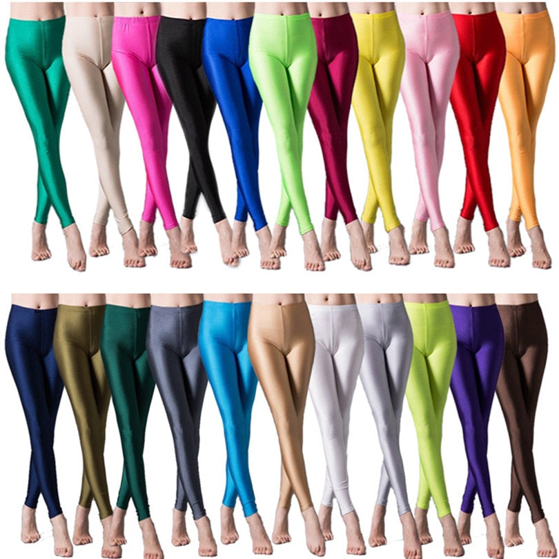 maoxiangshop Women Shiny Gym Pants Fitness Leggings Candy Color Ankle Length Trousers Solid Fluorescent Spandex Elastic New Bottom