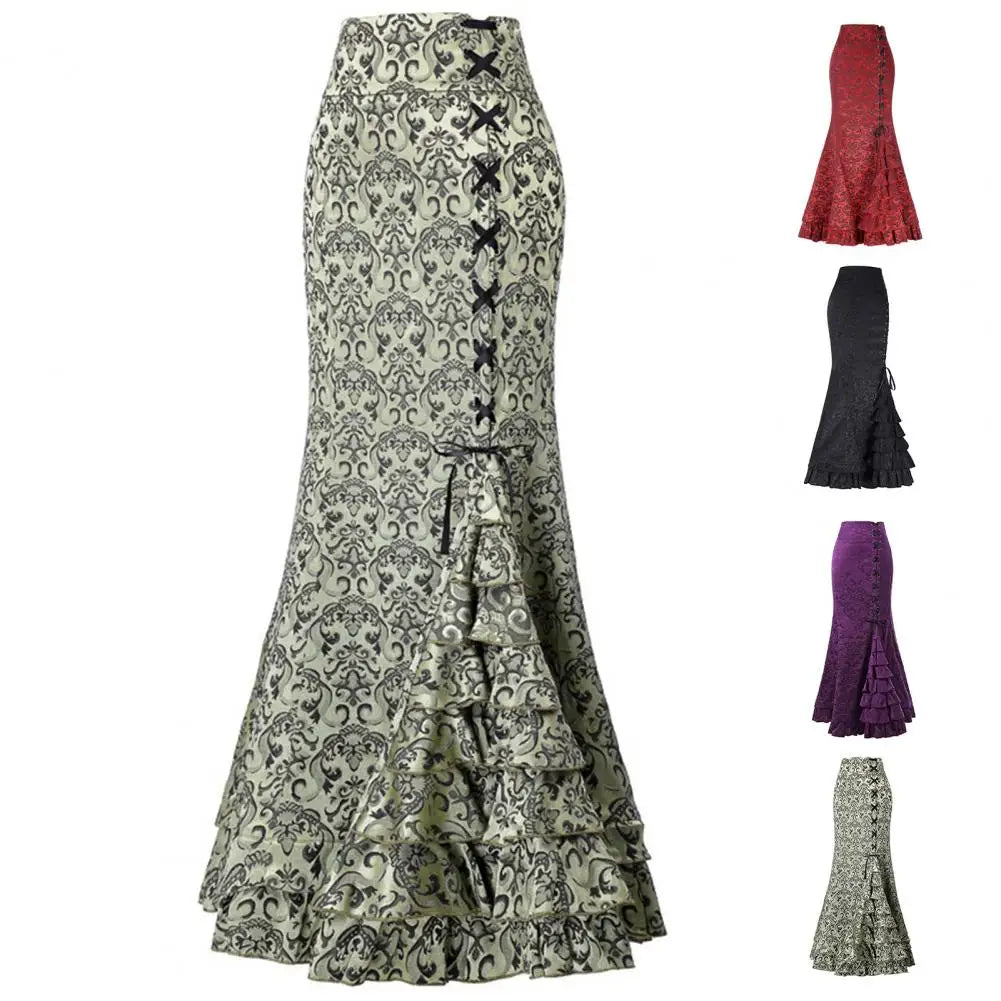 maoxiangshop New Halloween Skirt Jacquard Fishtail Ruffles Skirt Large Hem Women Punk Style Vintage Bodycon Skirts