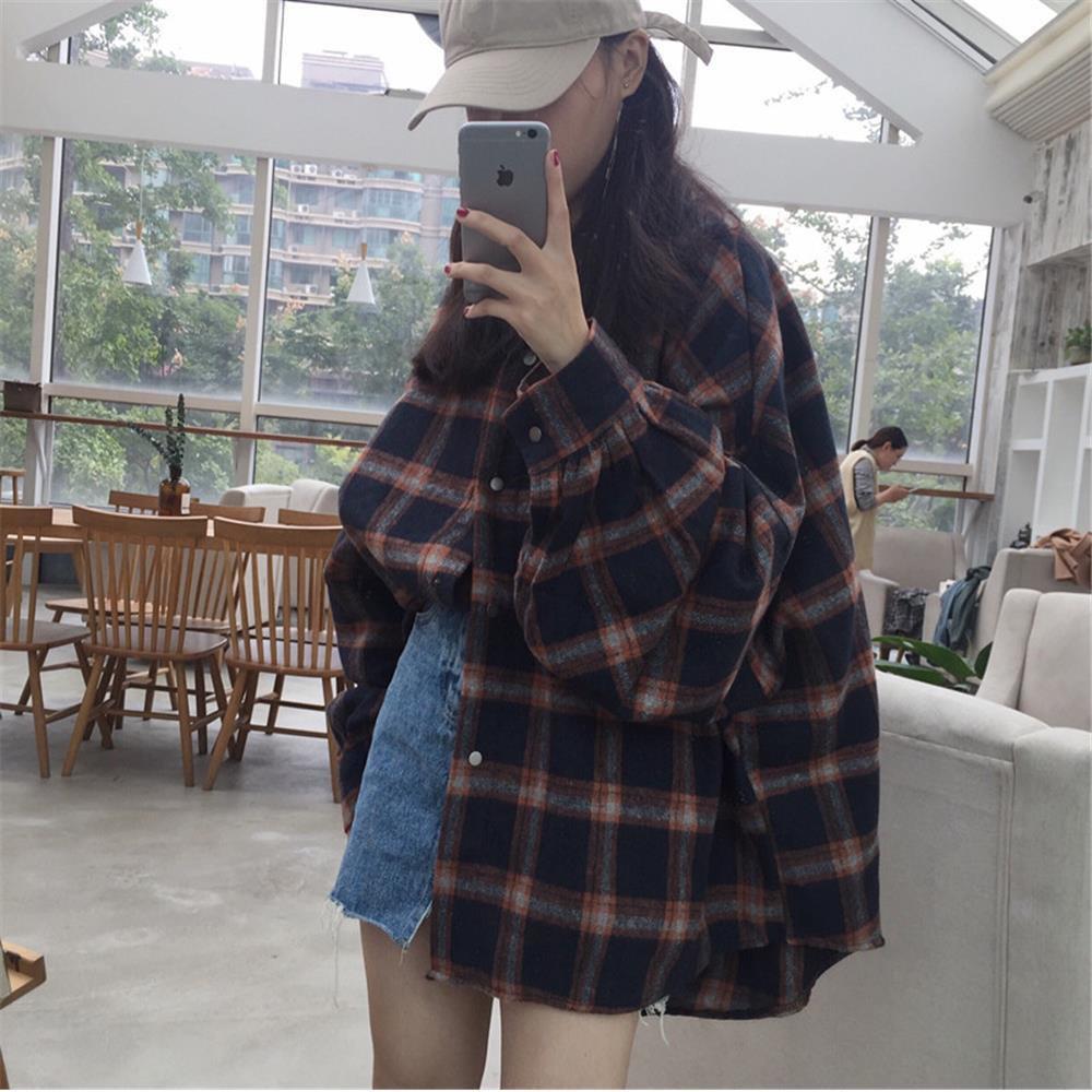 maoxiangshop Female Autumn Street Blouse Shirts Vintage Oversized Plaid Flannel Boyfriend Tunic Shirt for Women Casual Korean Tops