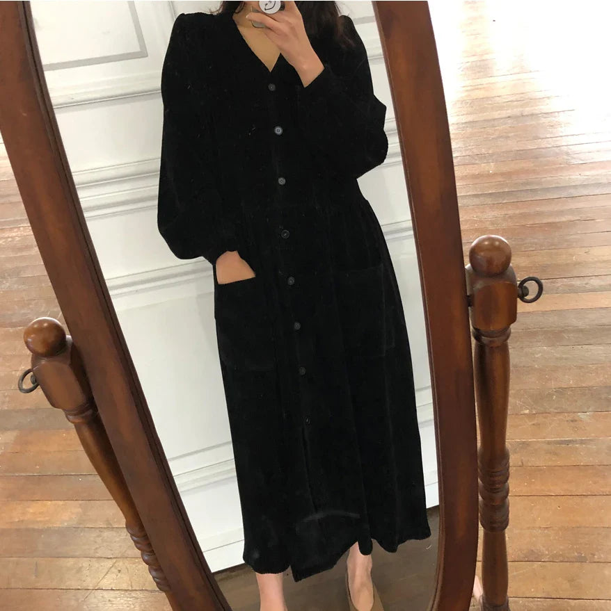 maoxiangshop Women Autumn Winter Vintage Long Dress Elegant Full Sleeve Single Breasted Tunic Casual Corduroy Dress with Pocket Vestidos