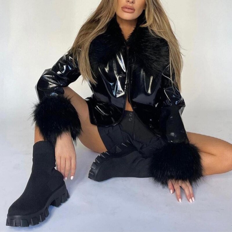 Women's Fashion Long Sleeve Jacket Fleece Collar Artificial Leather PU Jacket Winter Fashion Casual Leather Clothing