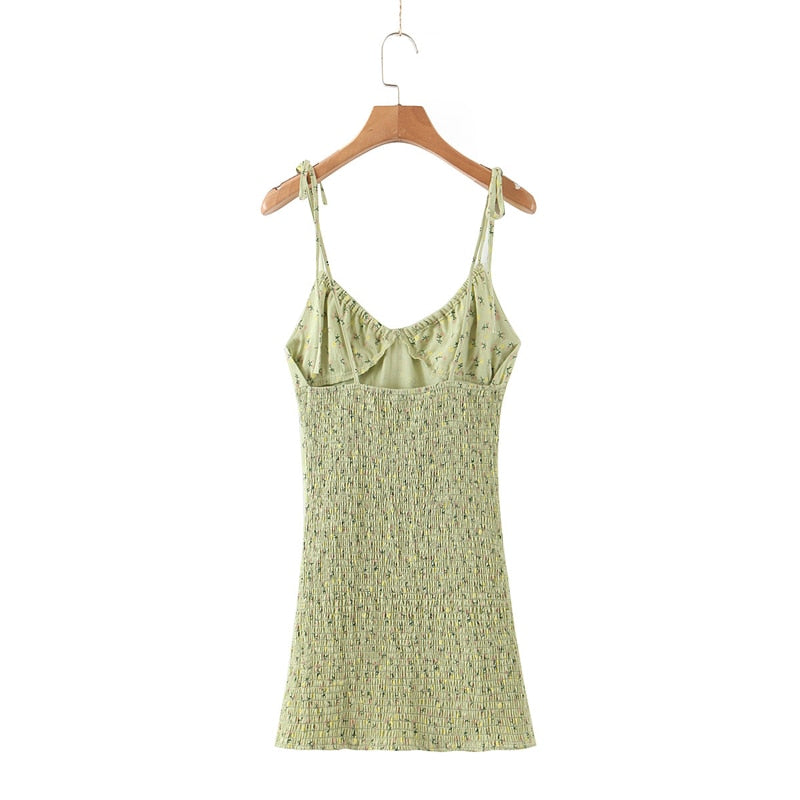maoxiangshop New Casual Chic Floral Print Sling Mini Dress Women Holiday Bow V-neck Dress Summer Sexy Backless Ladies Dresses