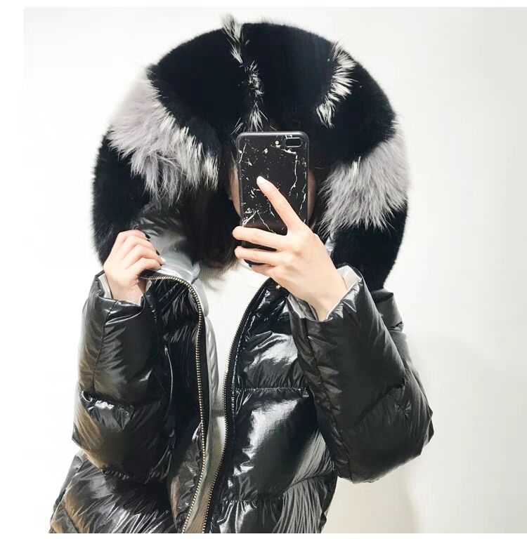 maoxiangshop Gold Silver Double Side Down Coat Winter Jacket Women Big Aritificial Fur White Duck Down Parkas Female Down Outerwear
