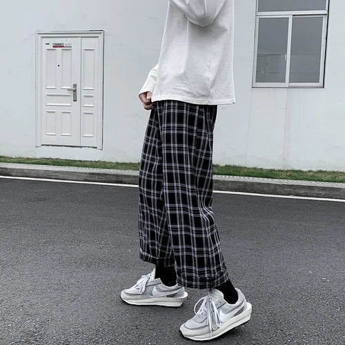 maoxiangshop Men Casual Pants Plaid Ankle Length Loose Wide Leg All-match Elastic Waist Fashion Trousers Streetwear Harajuku Korean Retro Ins