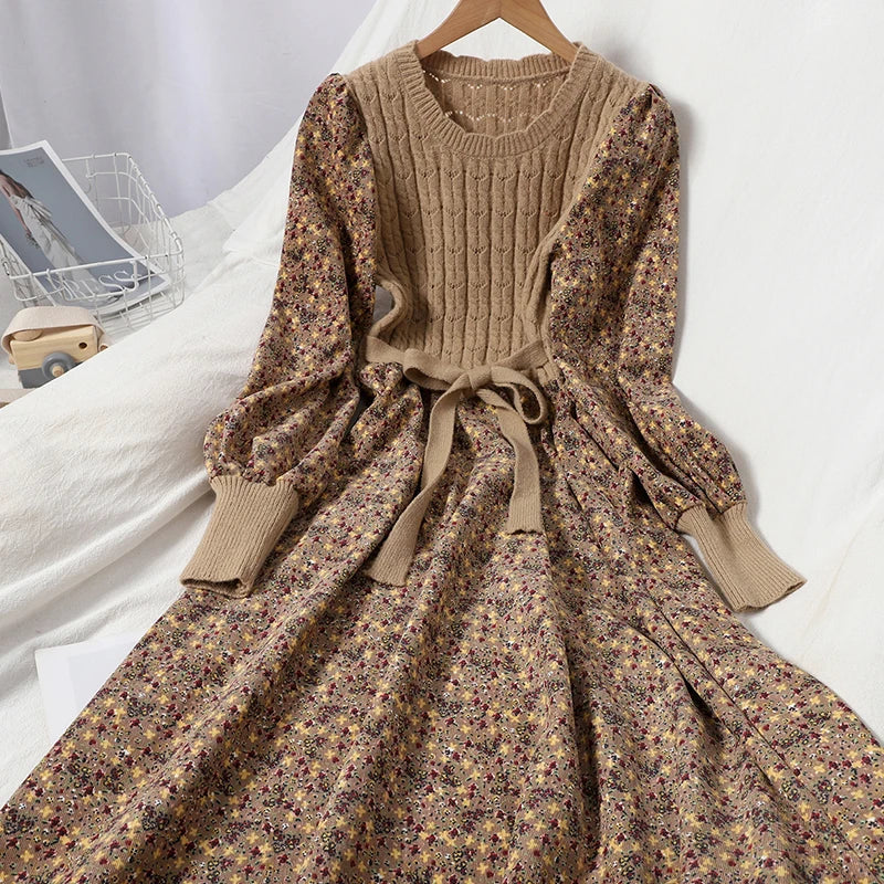 maoxiangshop Corduroy Floral Women Dresses Vintage Knitted Patchwork Vestidos De Mujer Sweet Korean Long Dress A-line