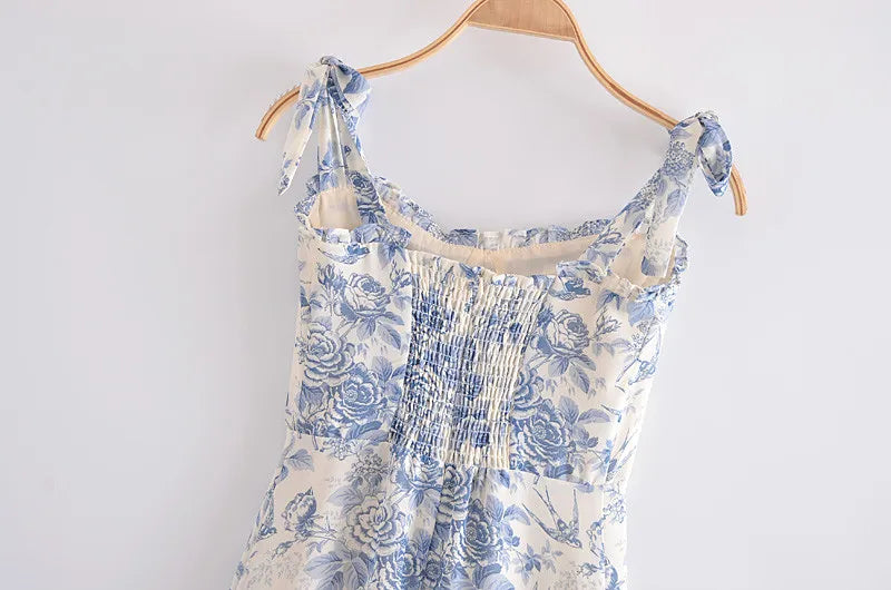 2022 Summer New Lace Up Bowknot Strap High Waist French Vintage Printed Ruffle Dress Female Fashion Midi Dresses Women