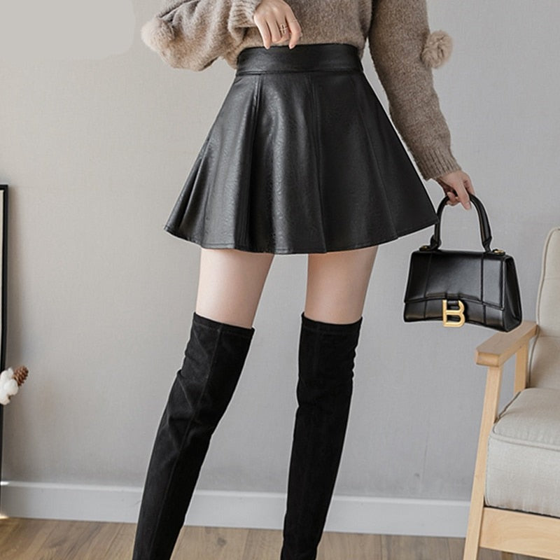 maoxiangshop PU Pleated Skirt Autumn Women Solid Color Leather Winter Skirts Womens Slim High Waist Saia Faldas Chic Zipper Mini Skirt