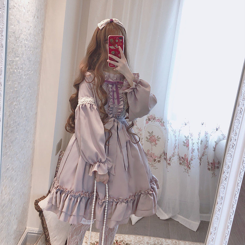 maoxiangshop In Wondeland Cute Women's Lolita OP Dress Flouncing Lace Trim Japanese Harajuku Long Sleeves Doll Dress Fairy Vestidos