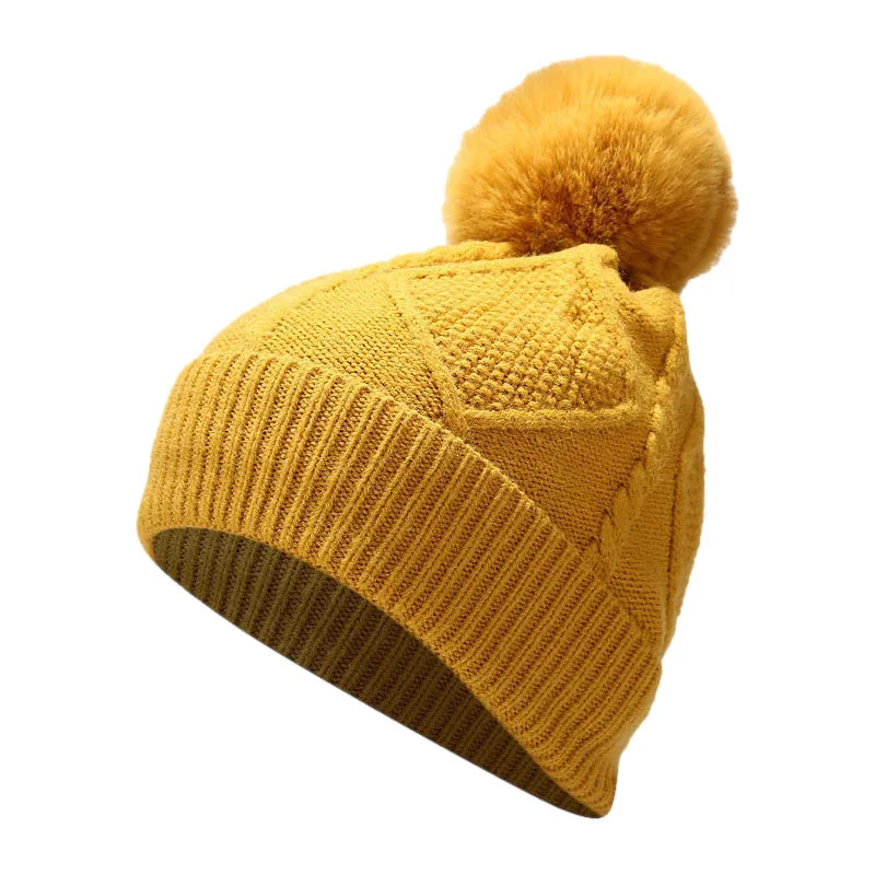 maoxiangshop - 3 PCS Hat Glove Scarf Sets Winter Warm Knitted Touch Screen Gloves Woolen Plush Pom Pom Beanies Thickened Coldproof Scarves Suit