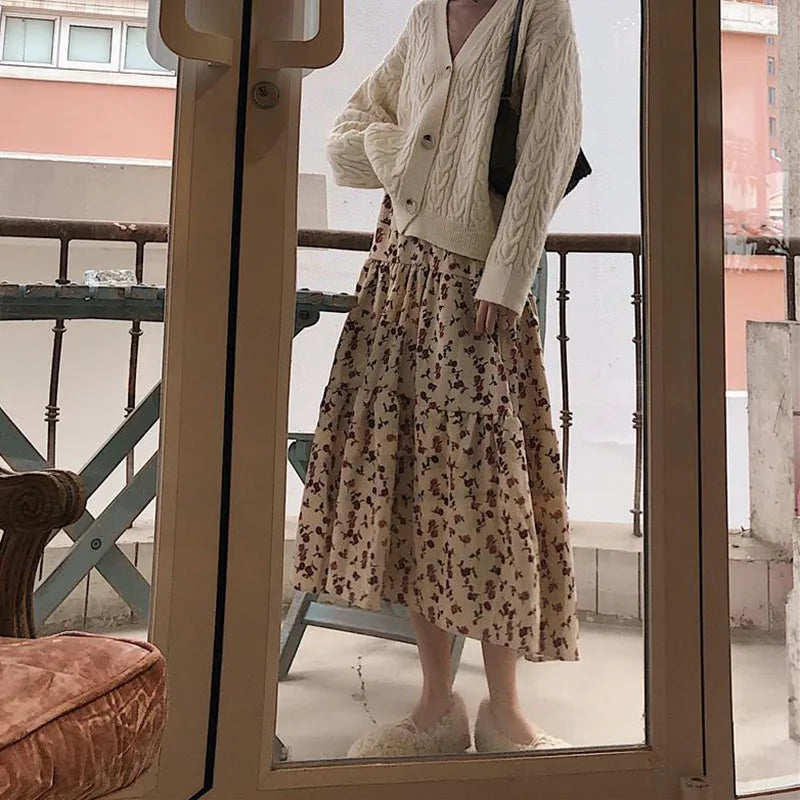 Lucyever High Waist Autumn Winter Long Skirts Women Elegant Flower Printed Midi Skirt Female Vintage Streetwear Pleated Skirt