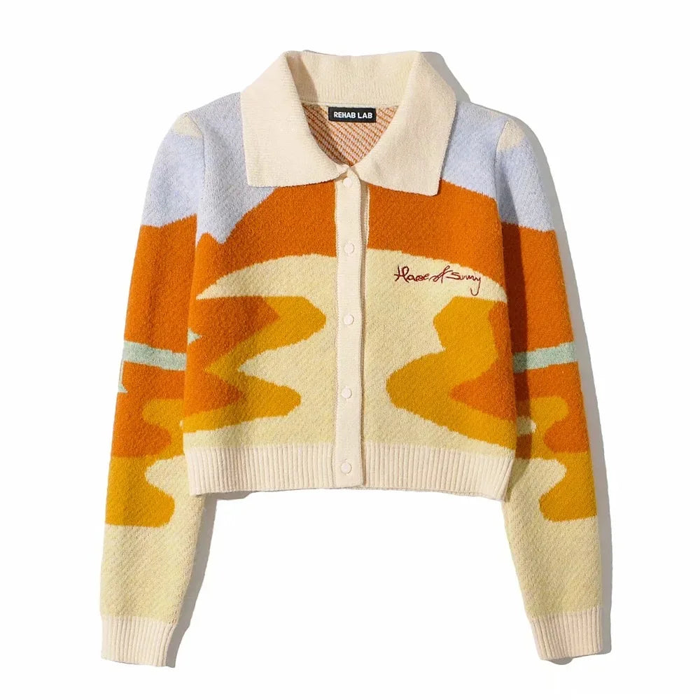 maoxiangshop - Letter Embroidery Harajuku Knitted Single Breasted Cropped Cardigan Women Autumn Long Sleeve Turn Down Collar Sweater Coat