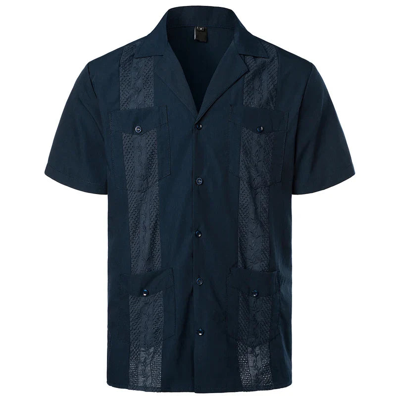 maoxiangshop Men's Traditional Cuban Camp Collar Guayabera Shirt Short Sleeve Embroidered Mexican Caribbean Style Beach Shirt with 4 Pocket