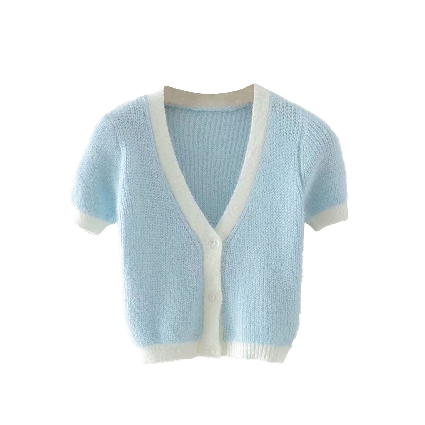 maoxiangshopSummer Knitted Short Sleeve T-shirt Button Up V-neck Crop Top Fashion Clothing Women Streetwear Contrast Color Tops Tee