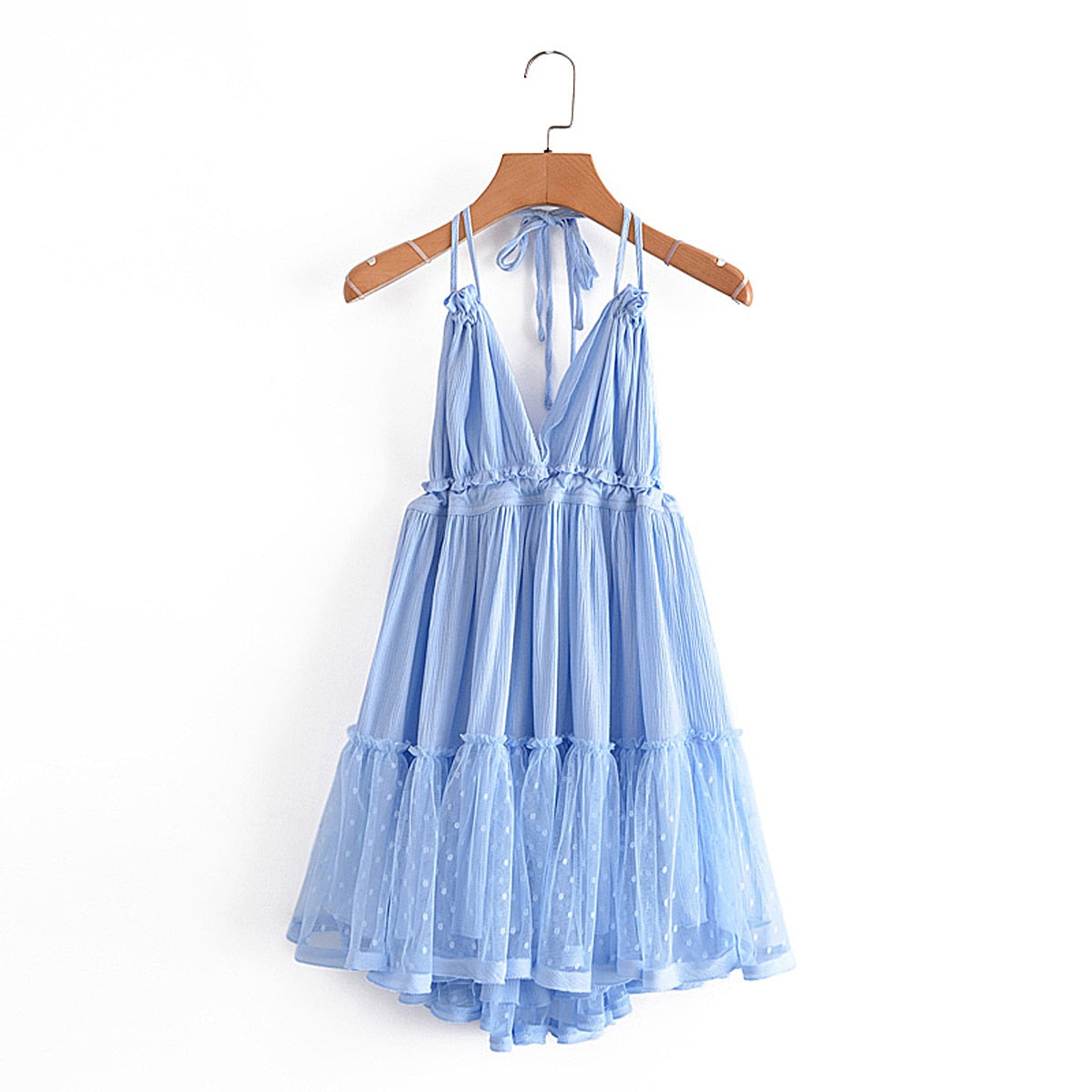 maoxiangshop Summer New Solid Color Lace Stitching V Neck Sexy Backless Mesh Short Dress Camisole Holiday Beach Dress Female