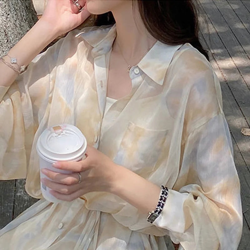 maoxiangshop 2 Pieces Sets Women Outfits Summer Sun-proof Chiffon All-match Tie Dye Loose Casual Shorts Street Ulzzang Fashion College Daily