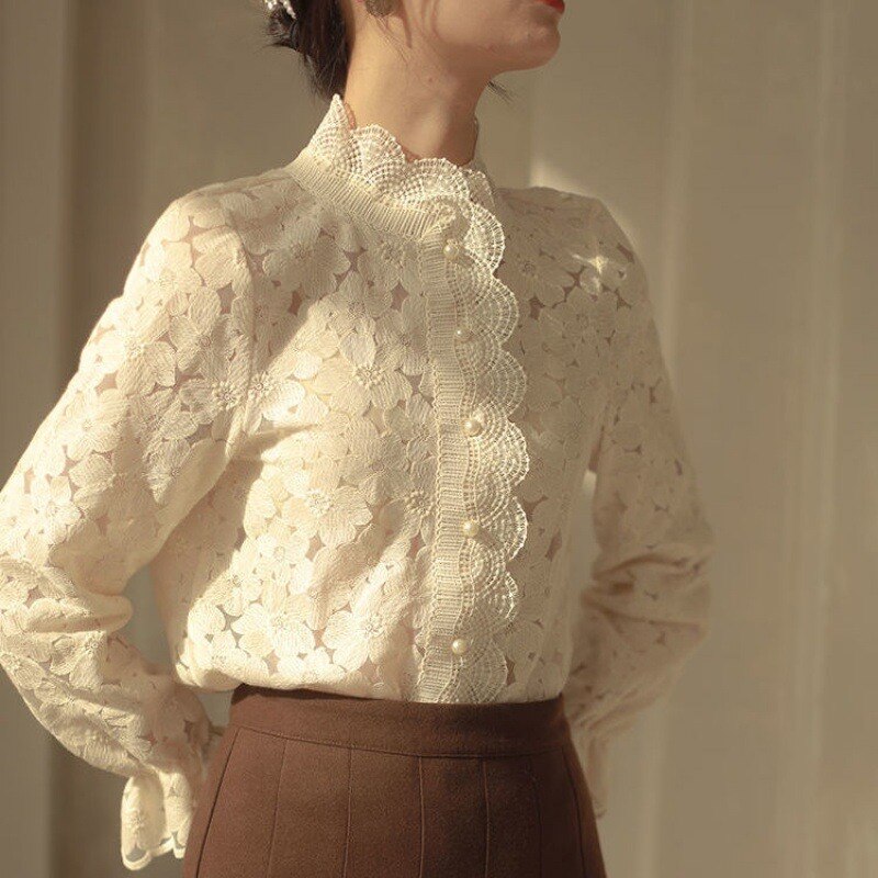 Women Lace Pearl Button Flower Tops Shirt French Style Vintage Stand-up Collar Flare Sleeve Temperament Base T-shirts Women
