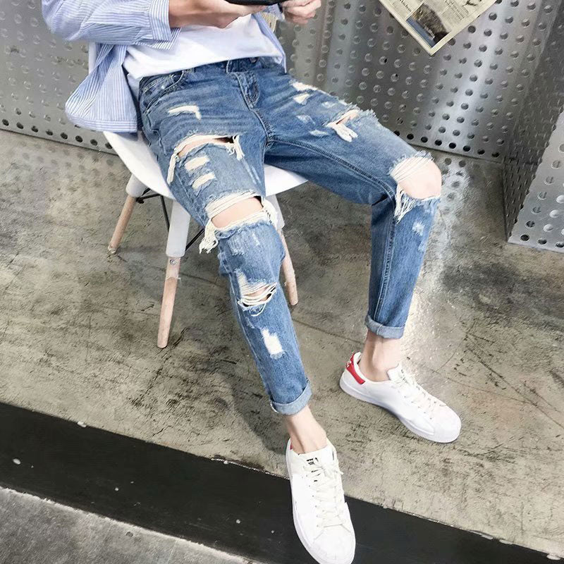 maoxiangshop New Skinny Jeans Men Streetwear Destroyed Ripped Jeans Homme Hip Hop Broken Modis Male Pencil Biker Embroidery Patch Pants