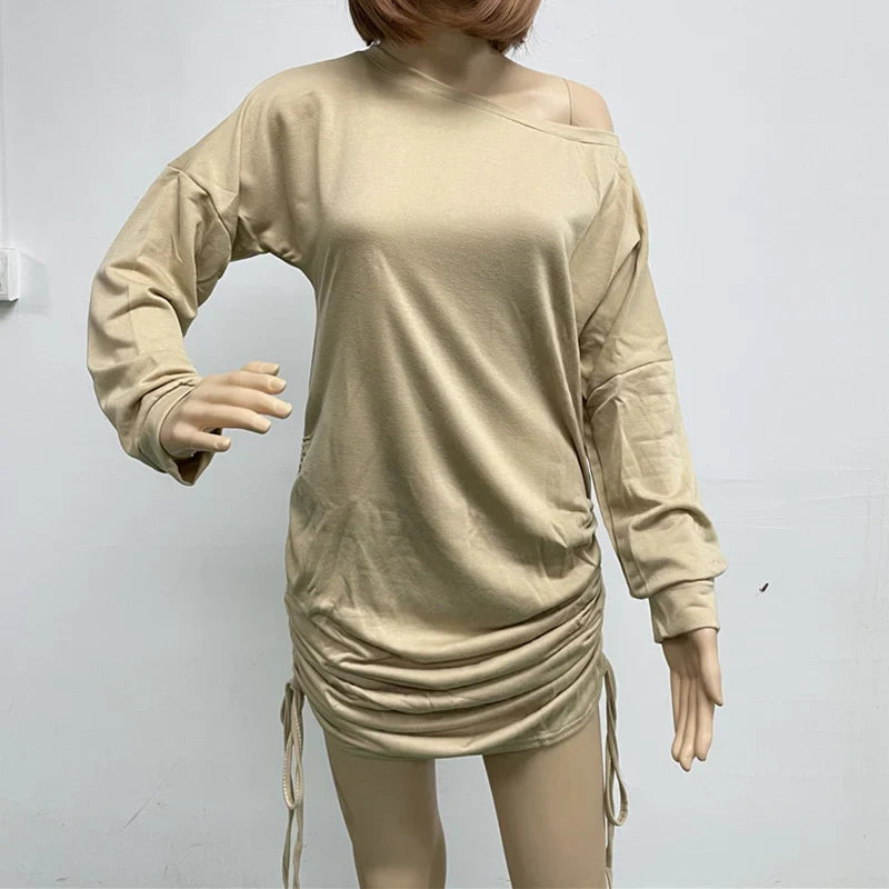 maoxiangshop New Dresses Women Mini Dress Ladies Casual Women's Dress Sexy Drawstring Pleated Long Sleeve Party Dress Sukienka