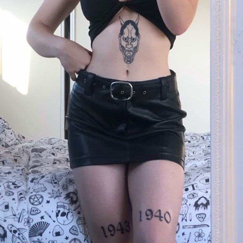 maoxiangshop Harajuku Pu Leather Black Skirt With Sashes y2k Grunge Mall Goth Low Waisted Mini Skirt Women E-girl Punk Korean Streetwear