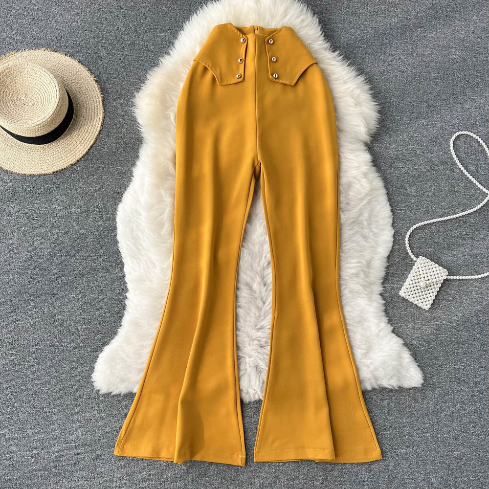 maoxiangshop Women Sprint Pants Solid Colar High Waist Slim Flare Pants Elegant Office Lady Yellow Black Full Length Casual Trousers