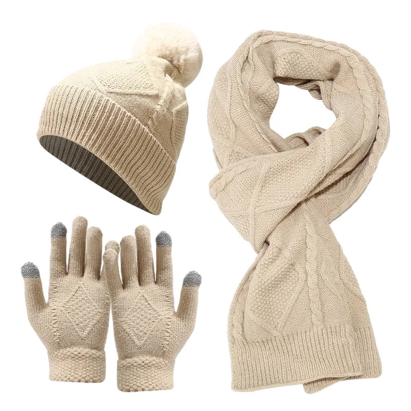 maoxiangshop - 3 PCS Hat Glove Scarf Sets Winter Warm Knitted Touch Screen Gloves Woolen Plush Pom Pom Beanies Thickened Coldproof Scarves Suit