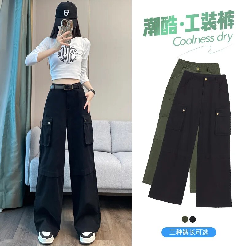 maoxiangshopY2K Cargo Pants Women Green Wide Leg Cargo Trousers Female Korean Streerwear Hip Hop Pockets Casual Retro Safari Style