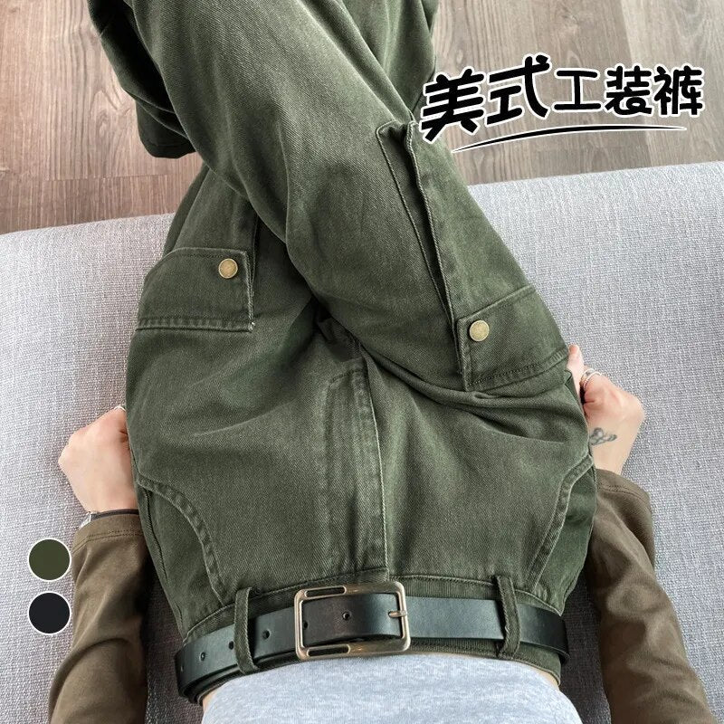 maoxiangshopY2K Cargo Pants Women Green Wide Leg Cargo Trousers Female Korean Streerwear Hip Hop Pockets Casual Retro Safari Style