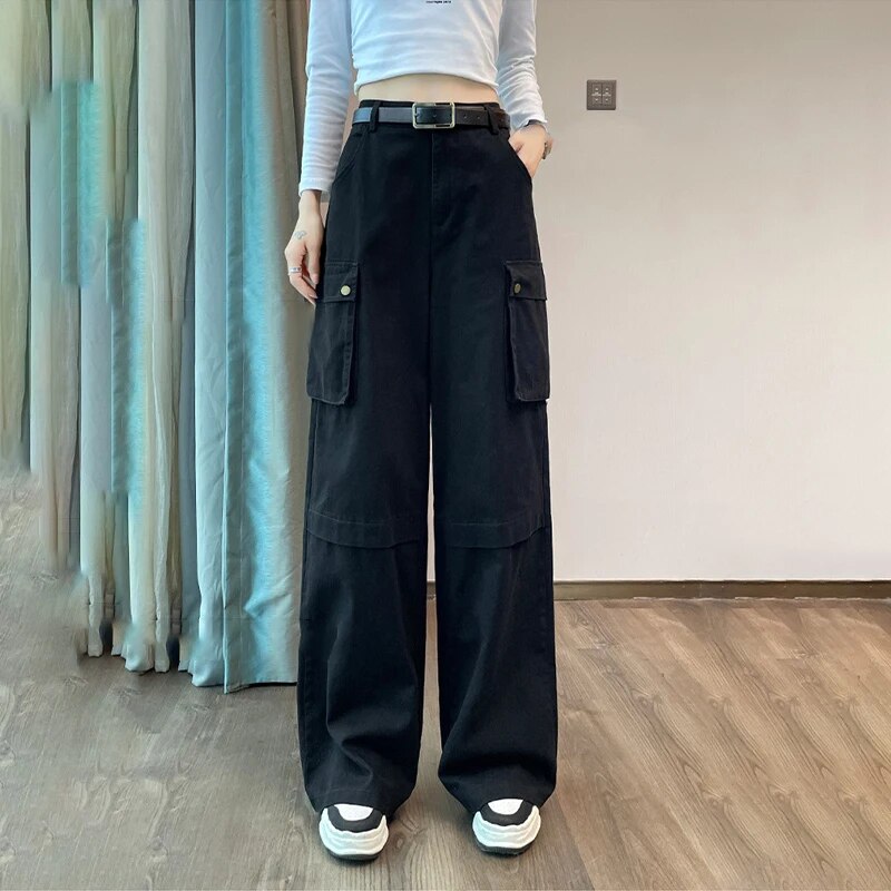 maoxiangshopY2K Cargo Pants Women Green Wide Leg Cargo Trousers Female Korean Streerwear Hip Hop Pockets Casual Retro Safari Style