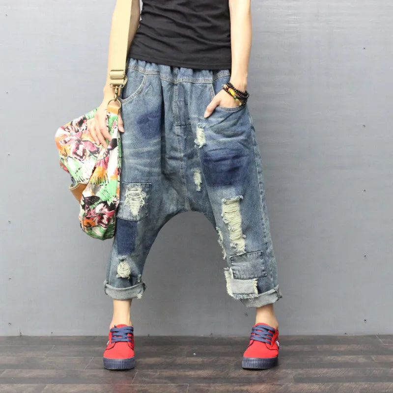 Women Ripped Hole Jeans Wide Leg Drop Crotch jeans hip hop streetwear Baggy Harem pants Boyfriend Bloomers Denim Trousers ZH896