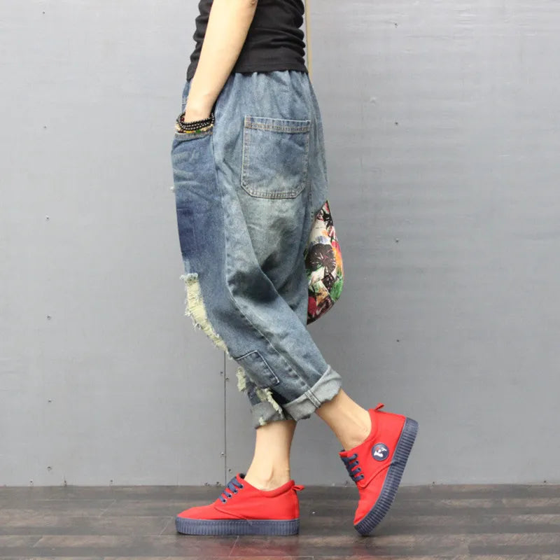 Women Ripped Hole Jeans Wide Leg Drop Crotch jeans hip hop streetwear Baggy Harem pants Boyfriend Bloomers Denim Trousers ZH896