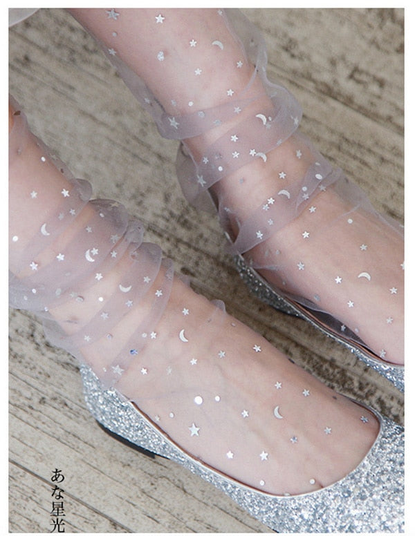 maoxiangshop 12 Color.Women's Harajuku Candy Colors Glitter Stars Moon Socks.Lady Transparent Mesh Shiny Stars Moon Fishnet Socks Hosiery Sox